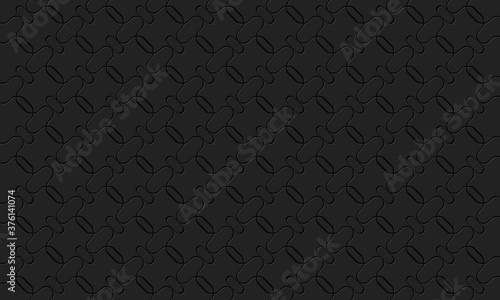 Background pattern of abstract geometric shapes with indented outline. Vector graphics on a black background.