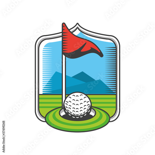 golf hole with flag and shield