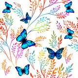 Butterflies with colorful twigs. Seamless background. Mixed media. Vector illustration