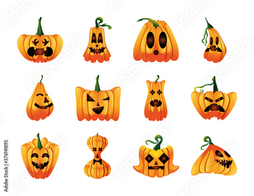set of icons with pumpkins face for halloween in white background