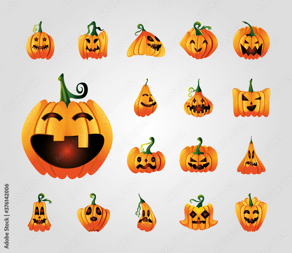 collection of icons with pumpkins face for halloween collection of icons with pumpkins face for halloween