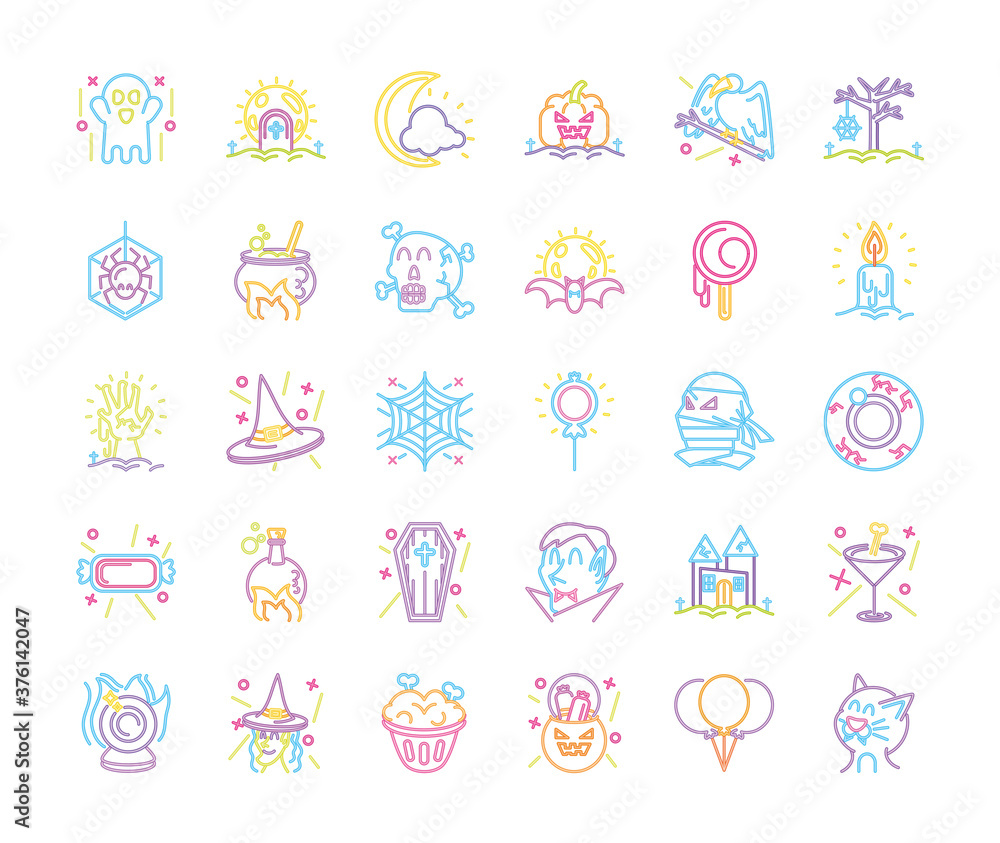 collection of icons on neon light for halloween collection of icons on neon light for halloween