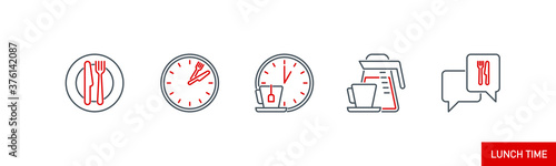 mobile app icons set food banner isolated on white. outline app symbols lunch break. Quality elements plate, cutlery: fork and knife, clock, kettle, coffee pot, cup, speech bubble with editable Stroke