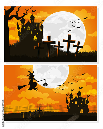 happy halloween card with haunted houses and witch flying