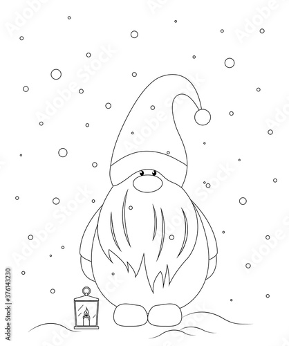 Christmas gnome with lantern on snowy background. Vector illustration in flat style for Christmas or New Year card Vector illustration for coloring books
