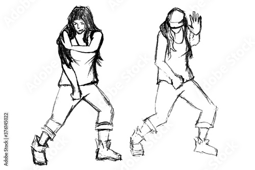 Two girls in clothes are dancing a modern dance. Rough linear sketch. Black on white. Vector illustration.
