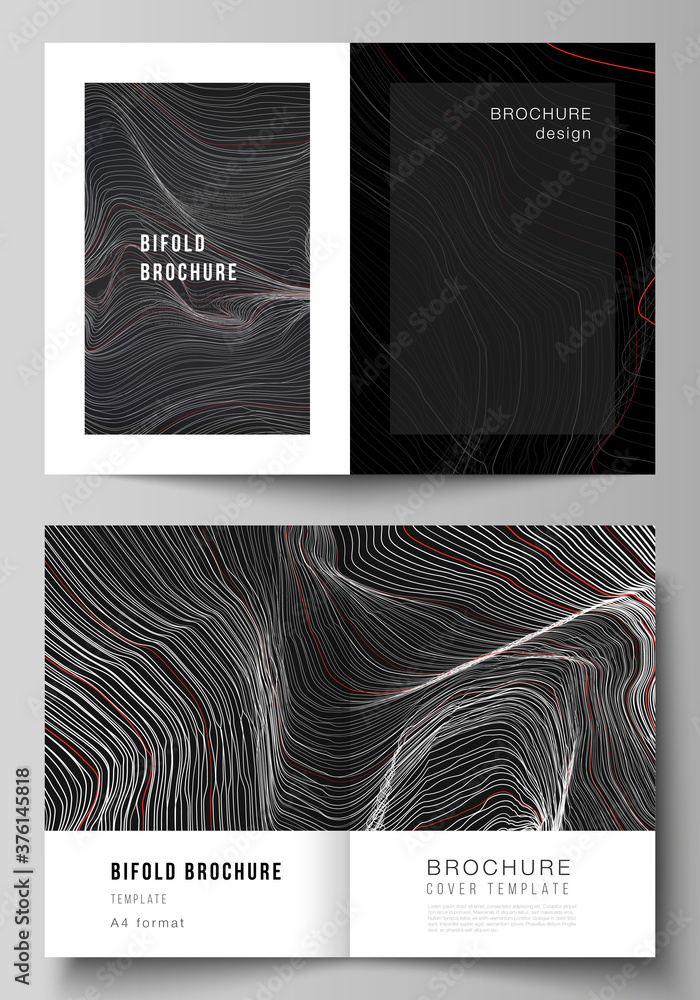 The vector layout of two A4 format modern cover mockups design templates for bifold brochure, magazine, flyer, booklet, annual report. 3D grid surface, wavy vector background with ripple effect.