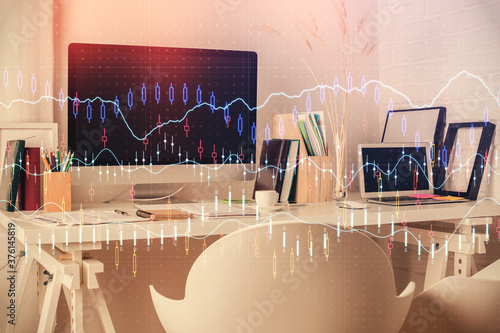 Double exposure of financial graph drawing and office interior background. Concept of stock market.