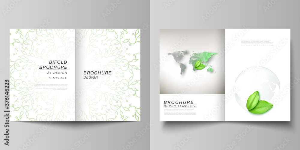 Fototapeta premium Vector layout of two A4 format cover mockups design templates for bifold brochure, flyer, cover design, book design, brochure cover. Save Earth planet concept. Sustainable development global concept.