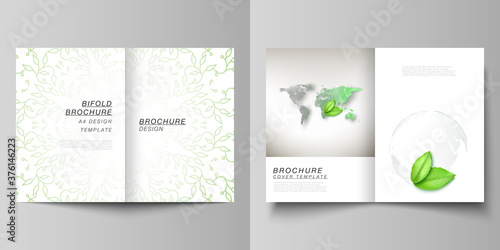 Vector layout of two A4 format cover mockups design templates for bifold brochure, flyer, cover design, book design, brochure cover. Save Earth planet concept. Sustainable development global concept.