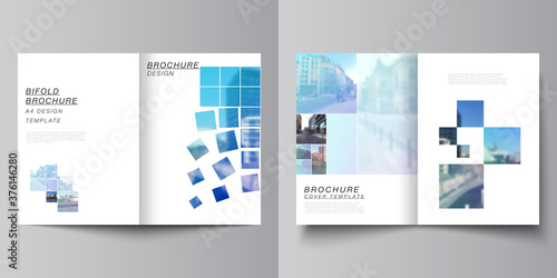 Vector layout of two A4 format cover mockups templates for bifold brochure, flyer, magazine, cover design, book design, brochure cover. Abstract design project in geometric style with blue squares