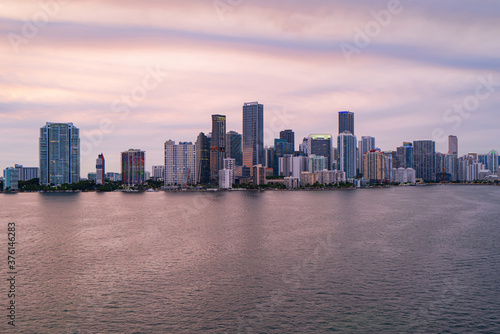 Miami downtown. Panoramic view of Miami at sunset, night downtown.