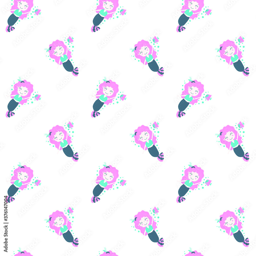 Cute childish seamless pattern and digital paper of cartoon little cute pink-haired curly smiling mermaids and fish with bubbles on a white background. Endless Scandinavian texture. Vector.