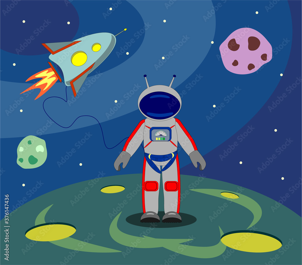 astronaut (spaceman, cosmonaut) in space standing on fantasy planet. Vector illustration, flat design astronaut (spaceman, cosmonaut) in space standing on fantasy planet. Vector illustration, flat design