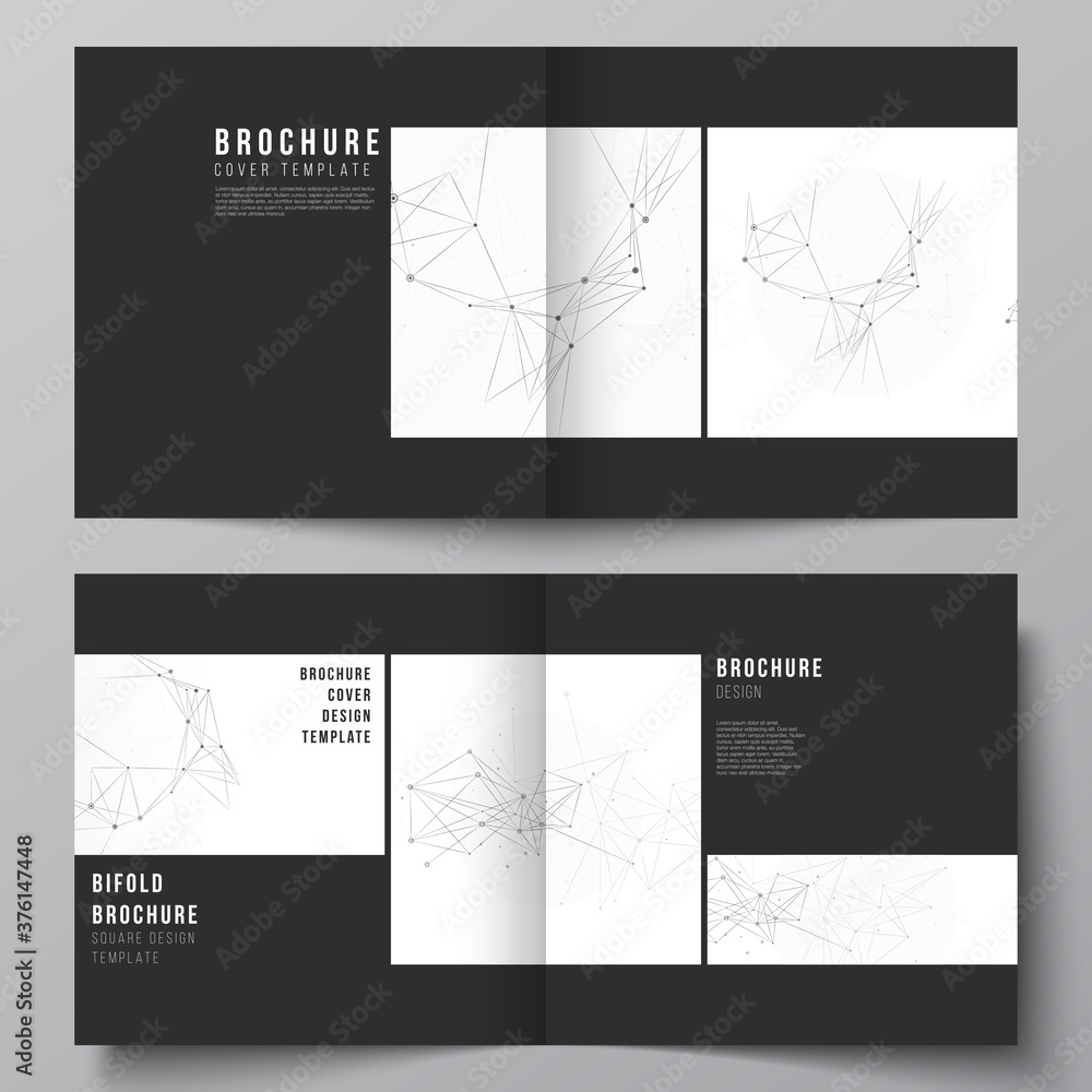 Vector layout of two covers templates for square bifold brochure, flyer, magazine, cover design, book design, brochure cover. Gray technology background with connecting lines and dots. Network concept