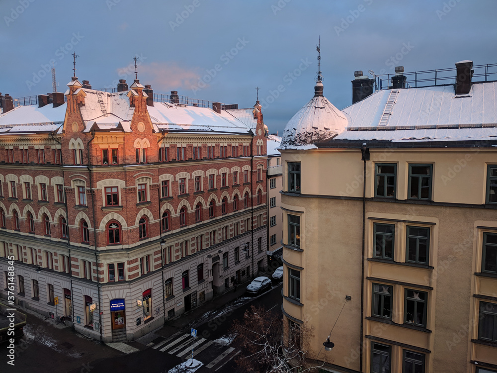 Old buildings of Kungsholmen district in winter time, Stockholm, Sweden.