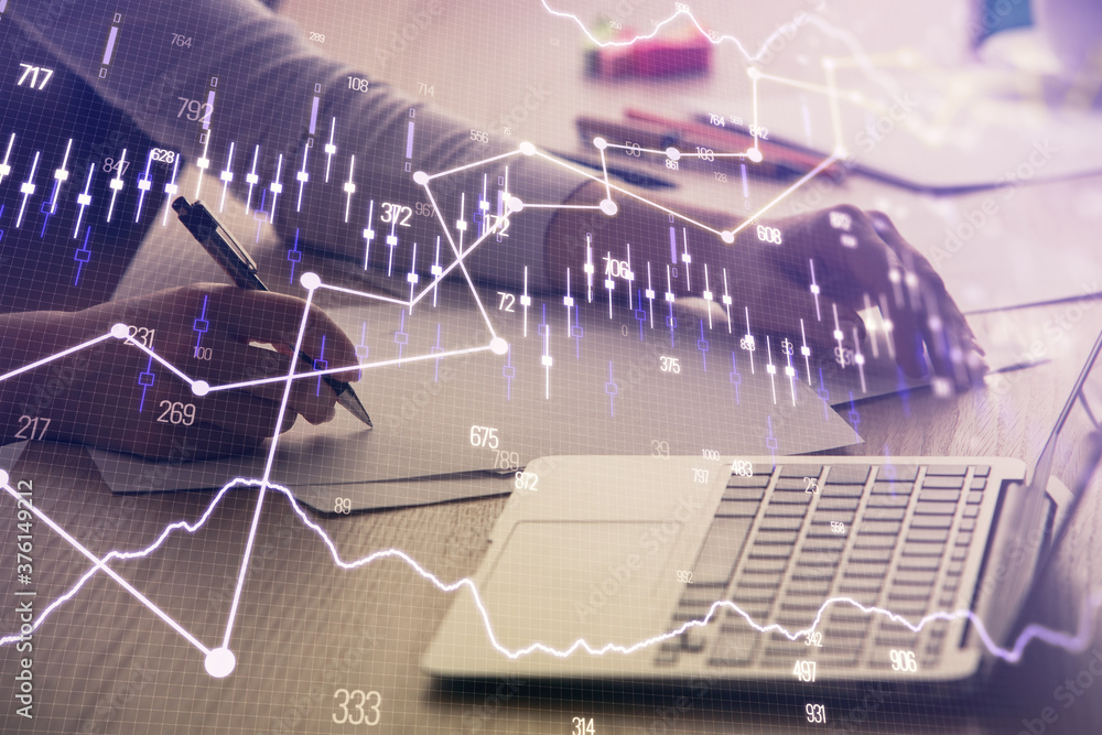 Double exposure of businesswoman hands typing on computer and forex chart hologram drawing. Financial analysis concept. Double exposure of businesswoman hands typing on computer and forex chart hologram drawing. Financial analysis concept.