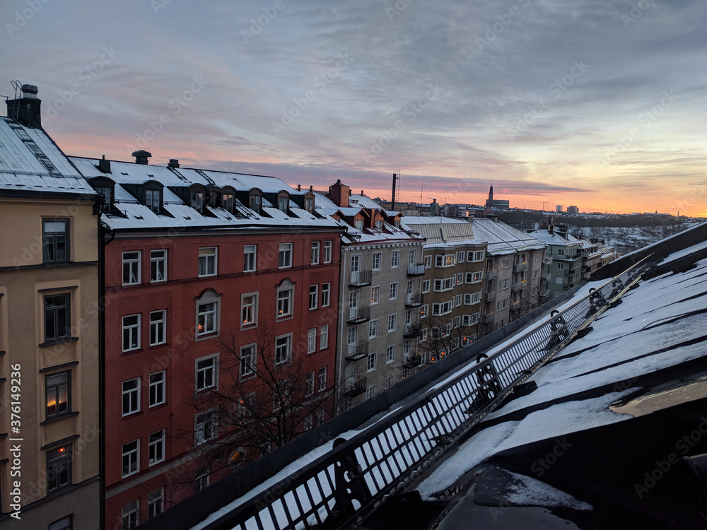 Colorful building of Kungsholmen district in winter, Stockholm, Sweden.