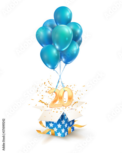 20th years celebrations. Greetings of twenty anniversary isolated vector design elements. Open textured gift box with numbers and flying on balloons