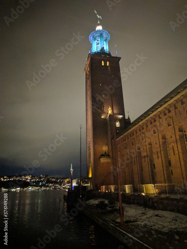 Stockholm City Hall or Stadshuset at night, Sweden. photo