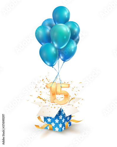 15th years celebrations. Greetings of fifteen birthday isolated vector design elements. Open textured gift box with numbers and flying on balloons