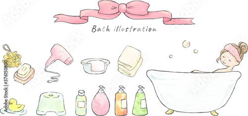 入浴する女性とバス用品のイラストセット