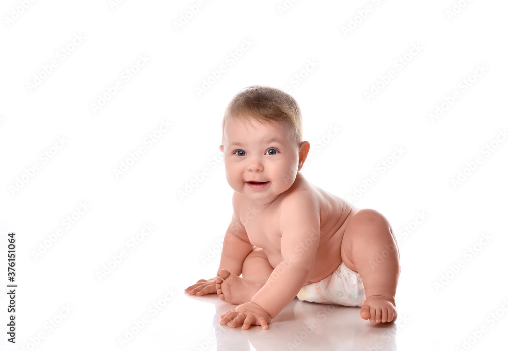 cute toddler baby in diapers smiling happily on white background cute toddler baby in diapers smiling happily on white background