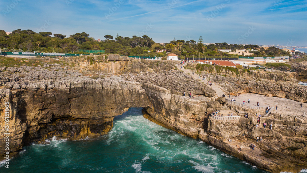 Aerial view of Boca do Inferno, rock formation of Cascais, Portugal. Cliffs by the sea in Cascais