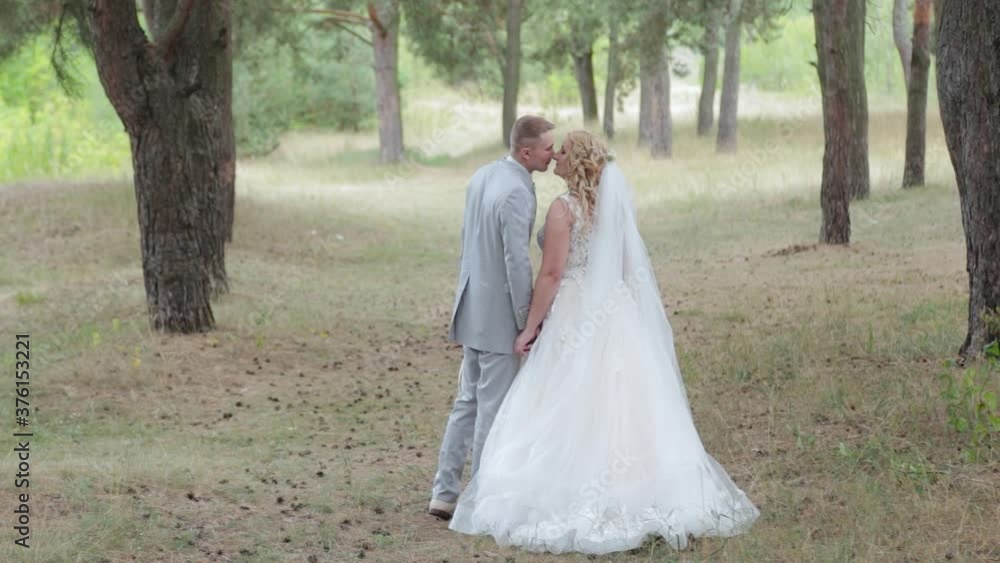 Very beautiful bride and groom are walking in the forest in summer. Very beautiful bride and groom are walking in the forest in summer.