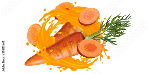 Whole and sliced carrot in a vegetable juice splash.