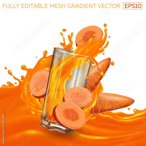 Glass with a splash of vegetable juice among carrot slices.