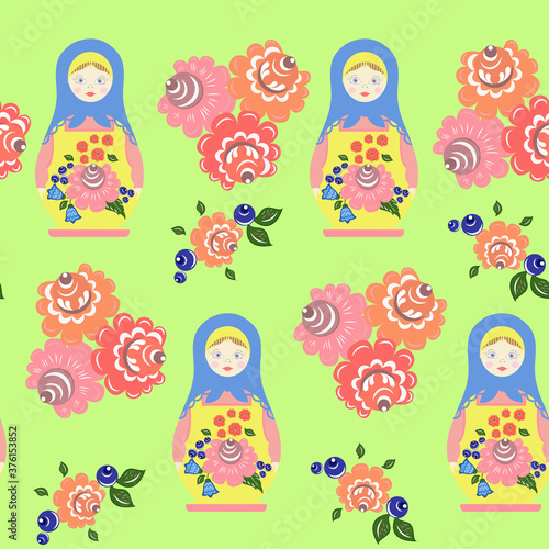 Seamless vector pattern with Russian nesting doll and flowers in khokhloma style