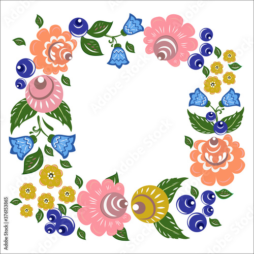 Seamless vector pattern with Russian matreshka and flowers in Khokhloma style