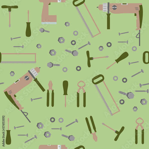 Seamless vector pattern with a building tool on a green background.
