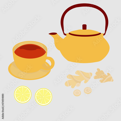 A cup of black tea with a teapot, lemon and ginger