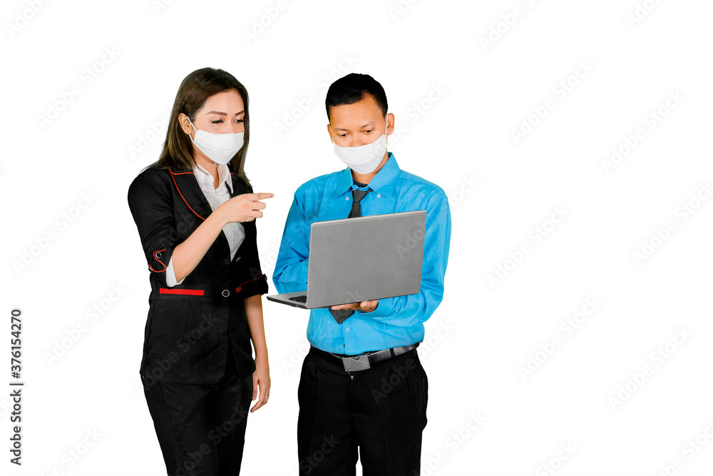 Businessman discuss with partner while wear mask Businessman discuss with partner while wear mask