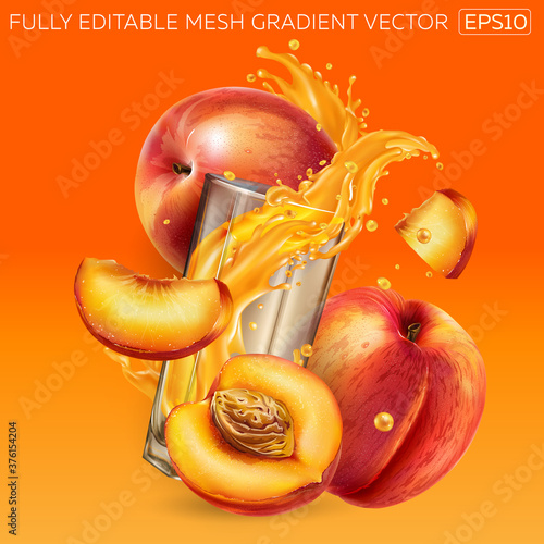 Fruit juice splashing in a glass, whole and sliced peaches.