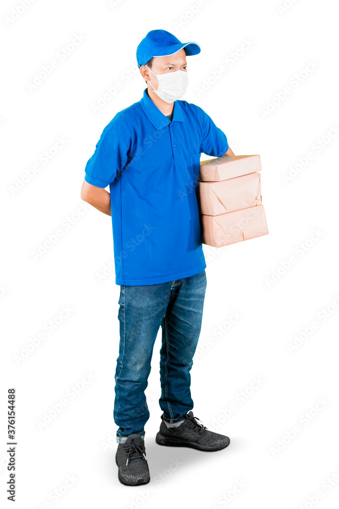 Shipper wear mask and holds package on studio Shipper wear mask and holds package on studio