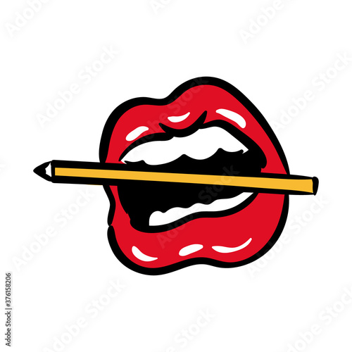 sexi mouth and teeth biting a pencil pop art line and fill style icon