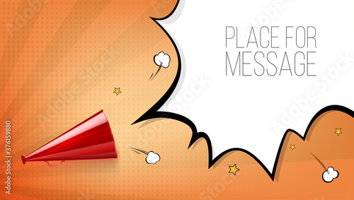 Red old loudspeaker in pop art style on halftone background. Speech bubble flies out of the megaphone. Vector 3d illustration