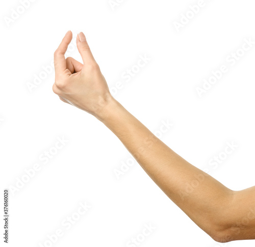 Wallpaper Mural Measuring invisible item. Woman hand gesturing isolated on white Torontodigital.ca