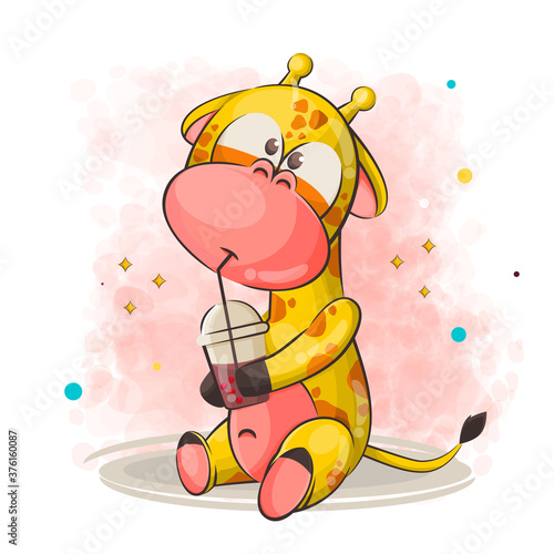 cute giraffe cartoon drinking coffee vector illustration