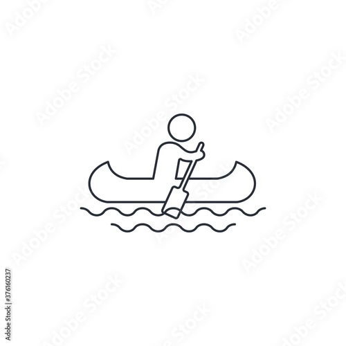Man rowing a canoe boat. Vector linear icon isolated on white background.