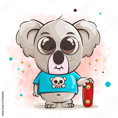 cute baby koala cartoon character and skateboard vector illustration