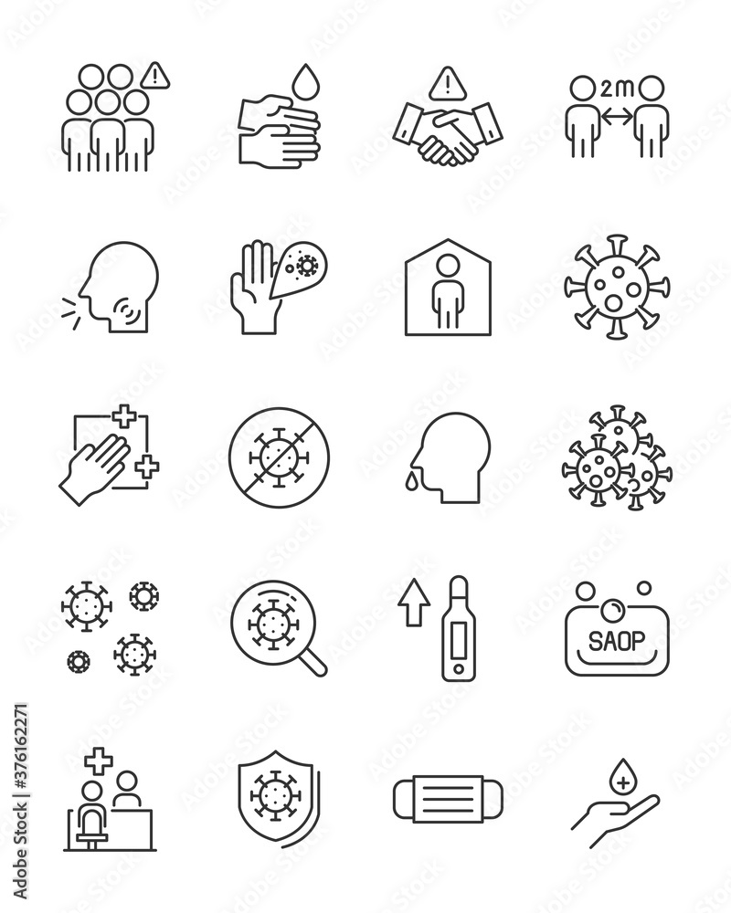 Fototapeta premium set of virus 2019-ncov thin line icons, corona, flu, health, disease, illness, virus prevention