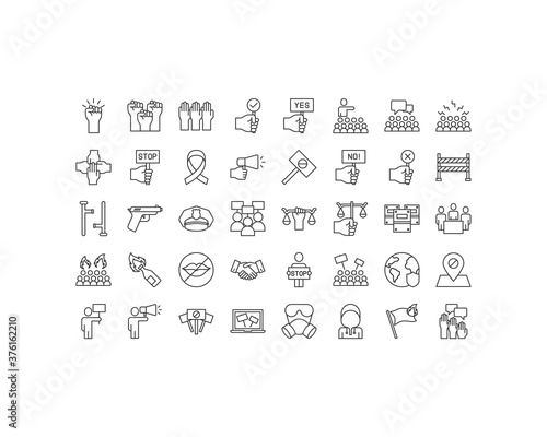 set of protest thin line icons, crowd, people, demonstration