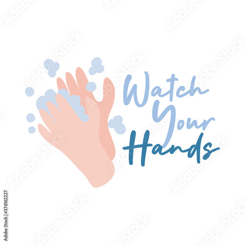 wash your hands campaign lettering with water and soap flat style icon