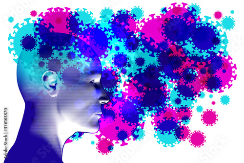 A side human figure surrounded by airborne infectious Covid-19 / Virus particles.