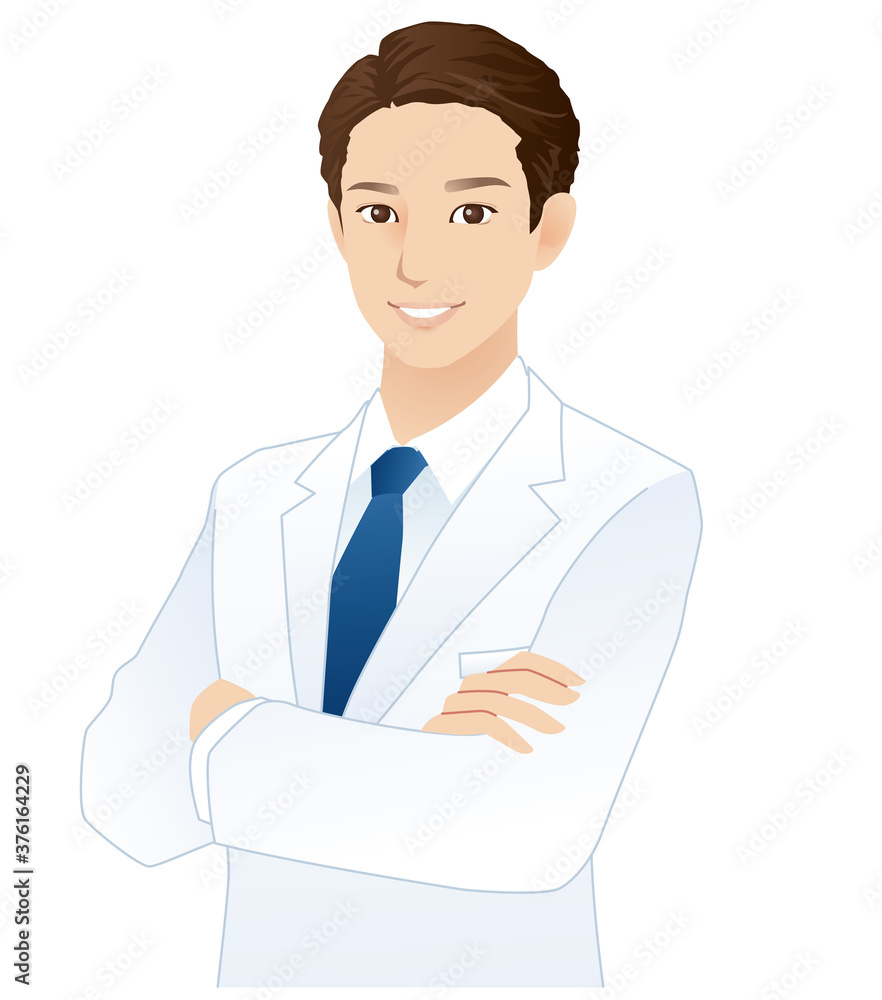 腕組みする白衣の男性　医者