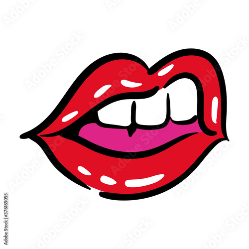 sexi mouth and teeth with tongue pop art line and fill style icon